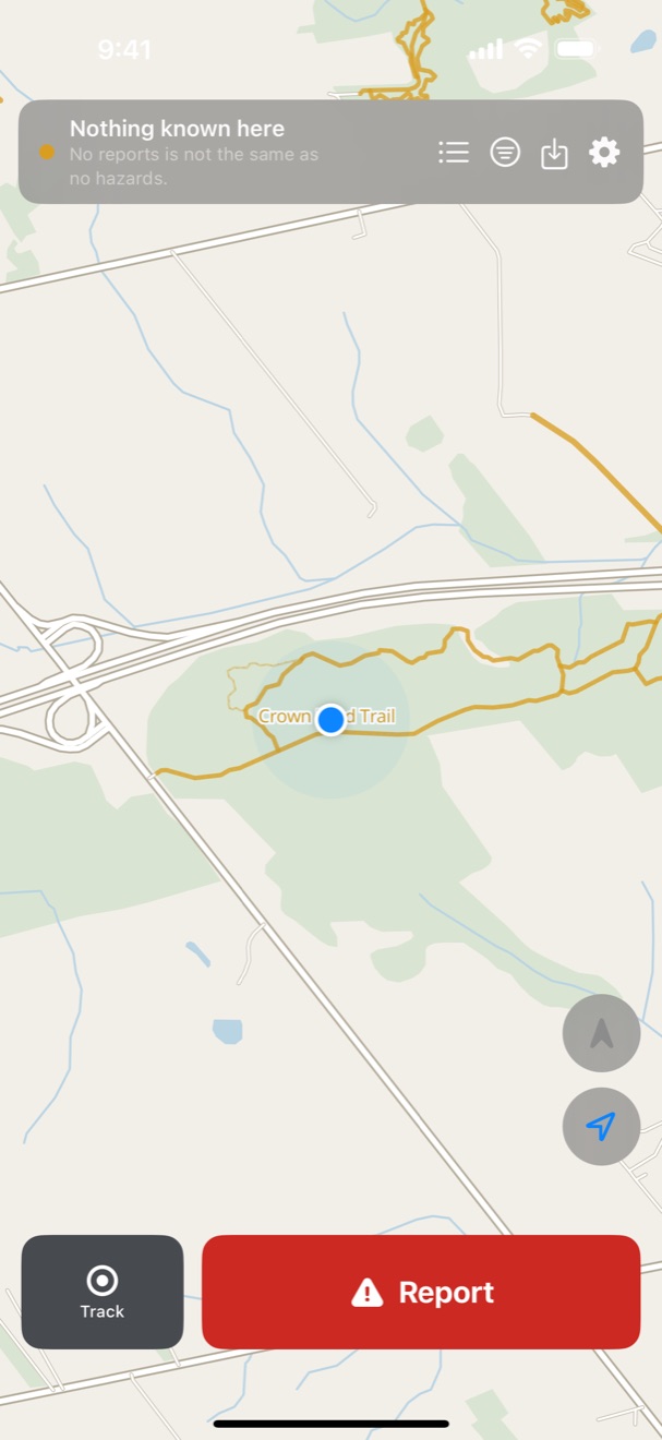 A trail map with Crown Land Trail drawn in amber, and a banner reading Nothing known here