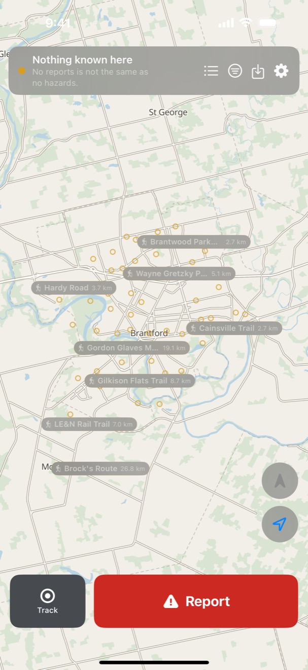 A zoomed-out map with named trails shown as labelled marks